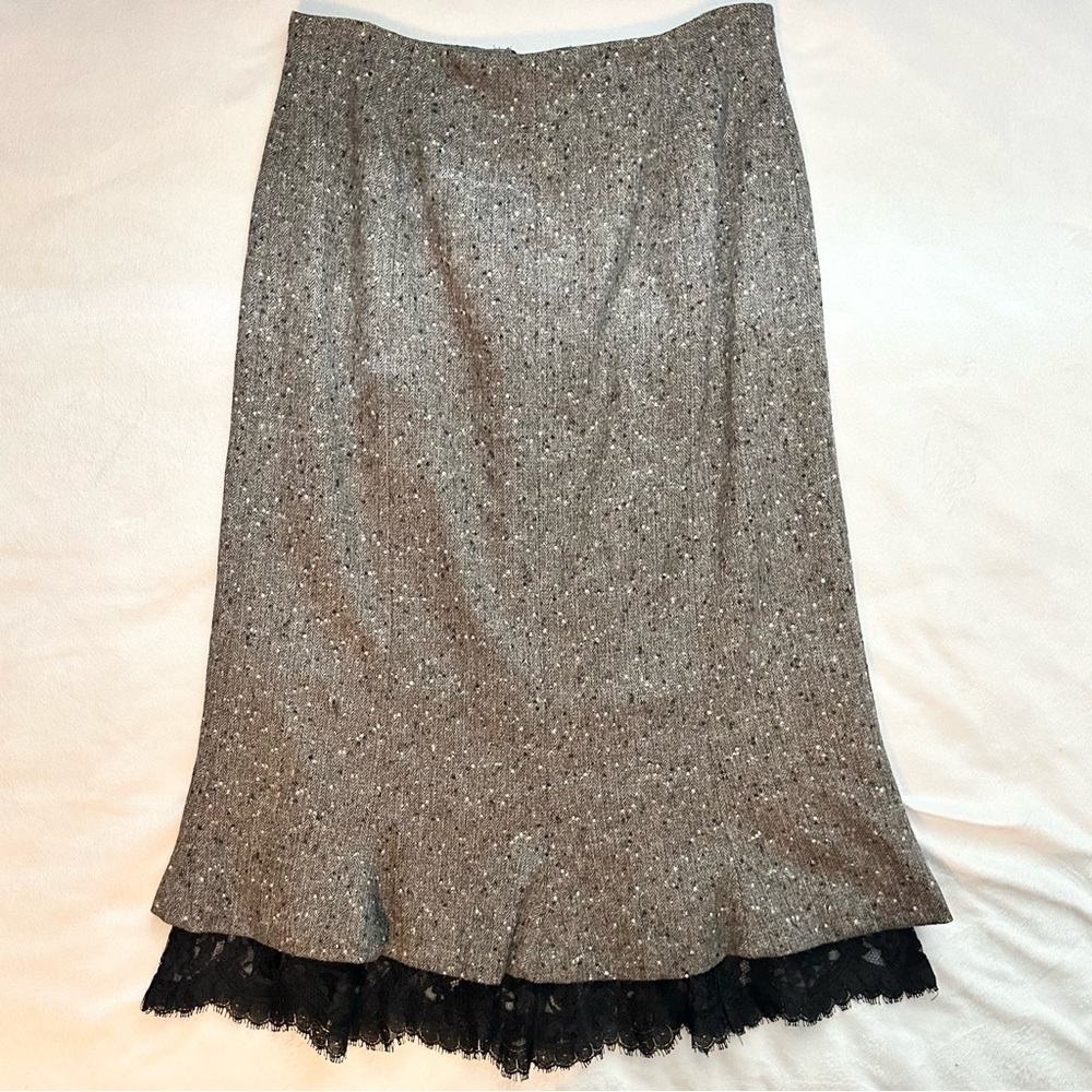 Iris Singer Wool & Angora Trumpet Midi Skirt 6 Speckled Gray Tweed Lace NWT